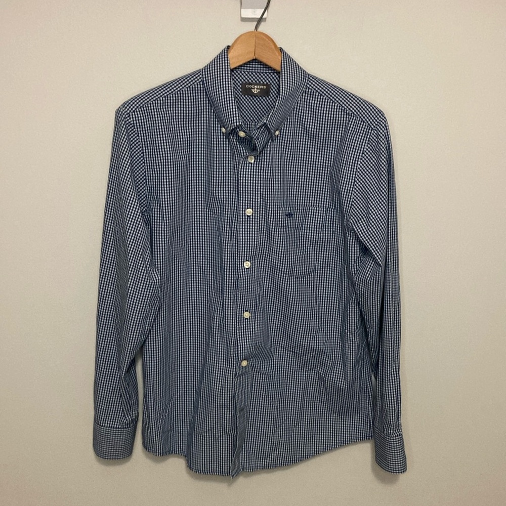 Mens Dockers Blue & White Checkered Dress Shirt, Medium, Button Down Long Sleeve